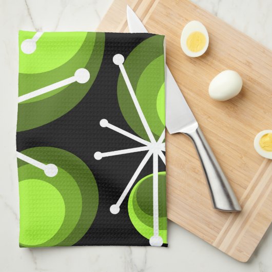 Linge De Cuisine Mid Century Circles Starburts Chartreuse (Quart Plié)