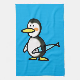 Linge De Cuisine Mignon manchot tenant un poisson bleu