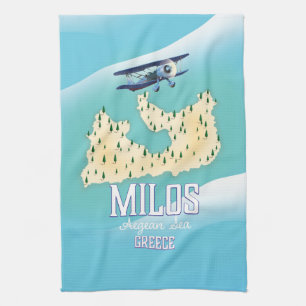 Linge De Cuisine Milos, île grecque Carte art affiche de voyage.