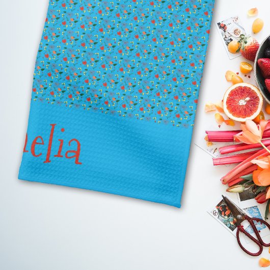 Linge De Cuisine mini-fleur sauvage rouge motif turquoise