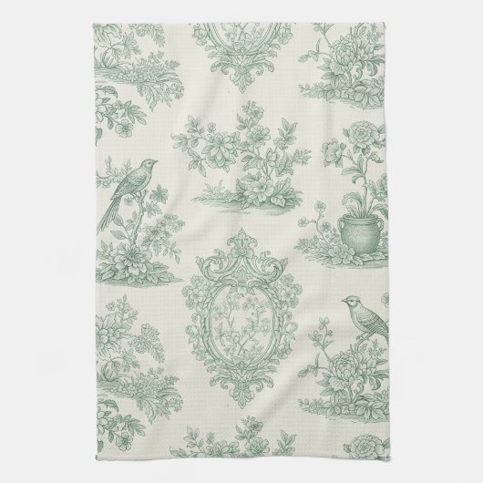 Linge De Cuisine Mint Green Toile Floral and Bird Pattern (Vertical)