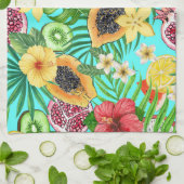 Linge De Cuisine Mix-fruit tropical, fleurs et feuilles en bleu (Plié)