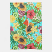 Linge De Cuisine Mix-fruit tropical, fleurs et feuilles en bleu (Vertical)