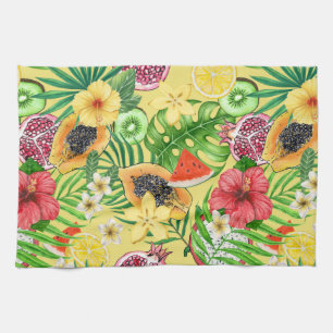 Linge De Cuisine Mix-fruit tropical, fleurs et feuilles sur jaune