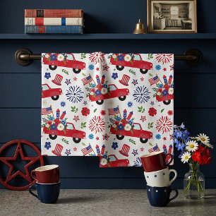 Linge De Cuisine modèle de camion patriotique et de feux d'artifice
