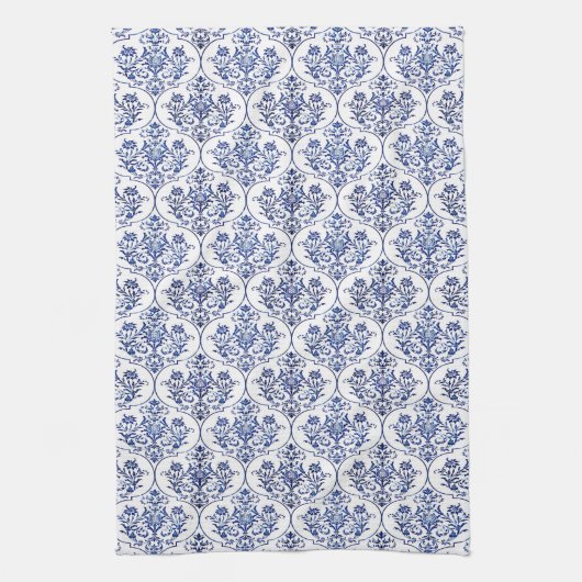 Linge De Cuisine Modèle de damas fleuri - bleu (Vertical)