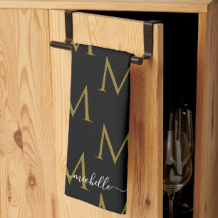 Linge De Cuisine Modèle de monogramme de nom de script élégant Noir