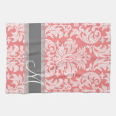 Linge De Cuisine Modèle moderne dentelle Damas - Corail et gris (Horizontal)