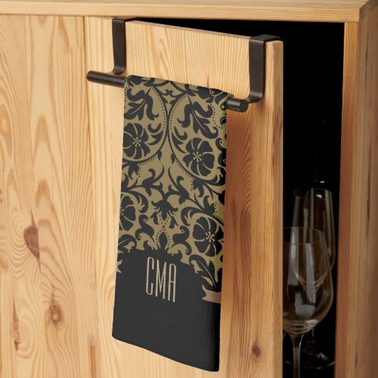 Linge De Cuisine Modèle Monogram Gold & Floral Damask (Pliage en tiers)