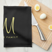 Linge De Cuisine Modèle personnalisé Noir Monogramme Or Nom de fami (Quart Plié)