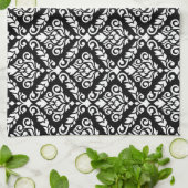 Linge De Cuisine Modèle Prima Damask blanc sur noir (Plié)