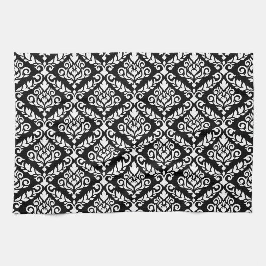Linge De Cuisine Modèle Prima Damask blanc sur noir (Horizontal)