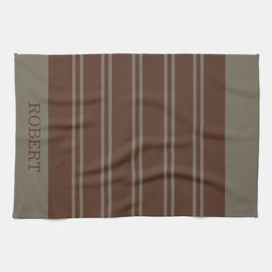 Linge De Cuisine modern Gray &Brown stripes Pattern monogram name (Horizontal)