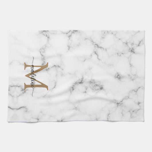 Linge De Cuisine Modern Marble Gold Girly Script Monogram (Horizontal)
