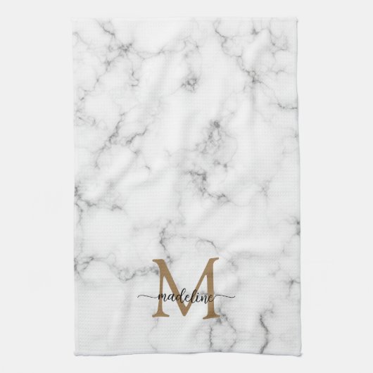 Linge De Cuisine Modern Marble Gold Girly Script Monogram (Vertical)