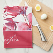 Linge De Cuisine Moderne Chic Rouge Tropical Floral Nom personnalis (Quart Plié)