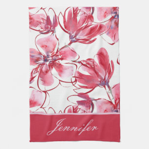 Linge De Cuisine Moderne Chic Rouge Tropical Floral Nom personnalis