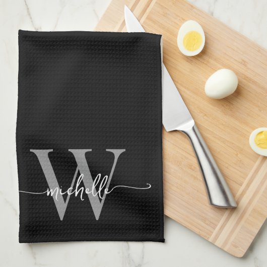 Linge De Cuisine Moderne Élégant Nom en Gris Noir Monogramme Script (Quart Plié)