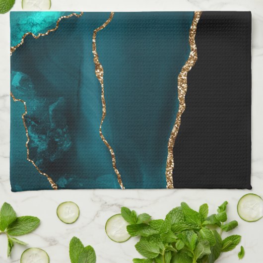 Linge De Cuisine Moderne et élégant Turquoise Agate & Gold Ribbon s (Plié)