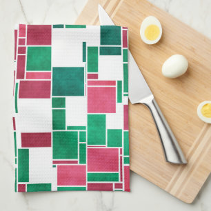 Linge De Cuisine Moderne Gras Rouge et Vert Noël Mondrian
