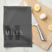 Linge De Cuisine Moderne Gris Foncé & Nom et Monogramme Modifiables (Quart Plié)