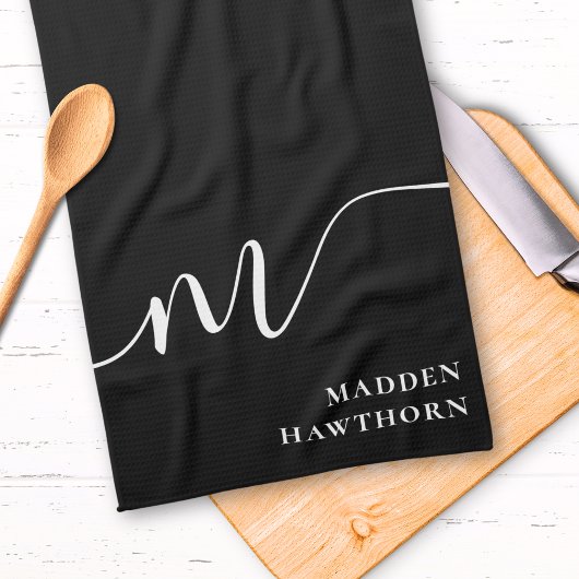 Linge De Cuisine Moderne Monogramme Script Calligraphie noir blanc