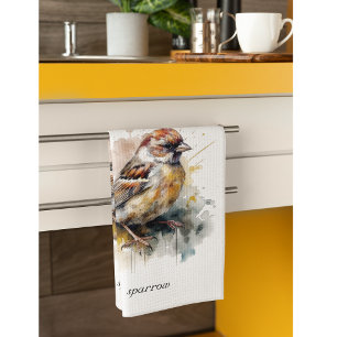 Linge De Cuisine Moineau aquarelle rustique, personnalisé
