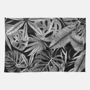 Linge De Cuisine Monochrome Tropical, Aquarelle Texture Feuille.