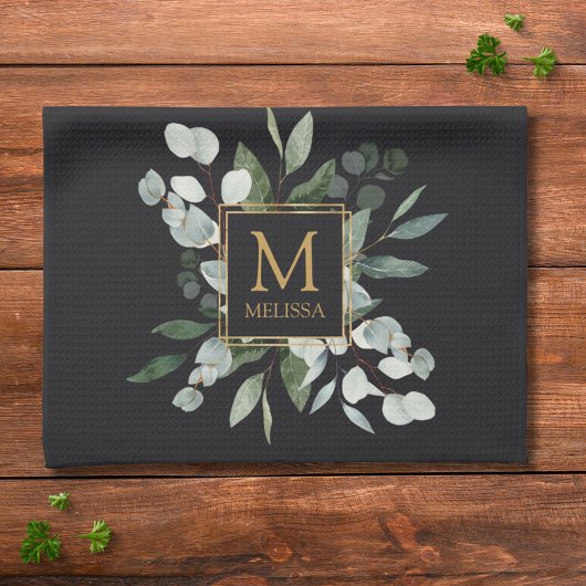 Linge De Cuisine Monogram Watercolor Tropical Green Leaves Black