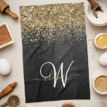 Linge De Cuisine Monogramme à étincelle noire à Parties scintillant<br><div class="desc">Personnalisez facilement ce design élégant et branché de serviettes de cuisine avec une jolie parties scintillant dorée brillante sur un arrière - plan métallique brossé noir.</div>