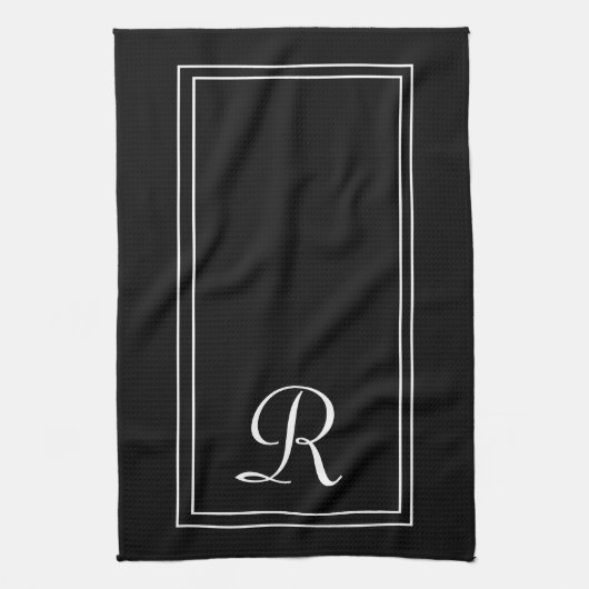 Linge De Cuisine Monogramme à rayures noir et blanc moderne personn (Vertical)