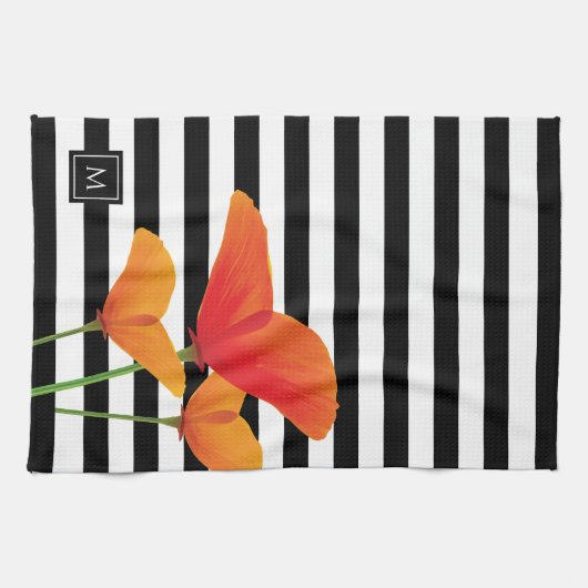 Linge De Cuisine Monogramme à rayures noires chic (Horizontal)