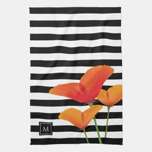 Linge De Cuisine Monogramme à rayures noires chic (Vertical)