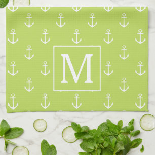 Linge De Cuisine Monogramme Ancres Vert Feuille de Palmier et Blanc
