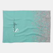 Linge De Cuisine Monogramme Argent et Bleu Turquoise avec Étincelle (Horizontal)