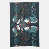 Linge De Cuisine Monogramme Art folklorique Noël Chouettes bleues A (Vertical)