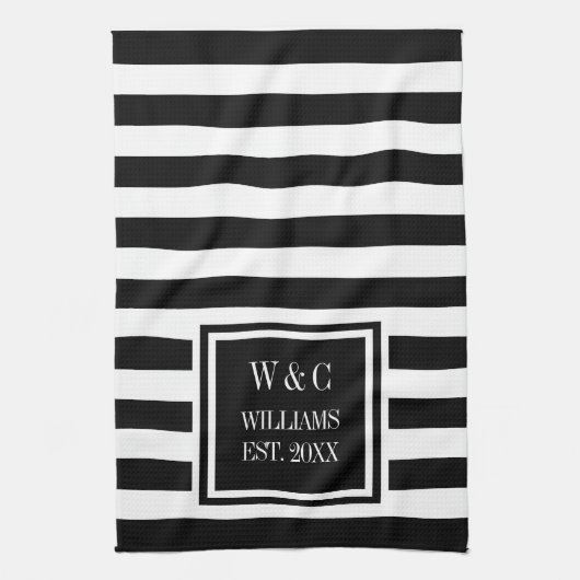 Linge De Cuisine Monogramme Black White Strip Personnalisé (Vertical)