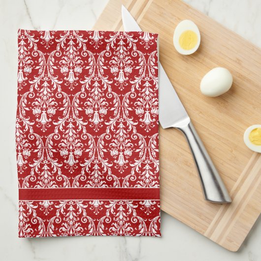 Linge De Cuisine Monogramme blanc rouge Chic Damask Floral (Quart Plié)