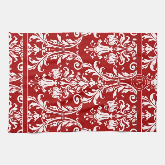 Linge De Cuisine Monogramme blanc rouge Chic Damask Floral (Horizontal)