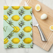 Linge De Cuisine Monogramme Citron et olive motif jaune et bleu (Quart Plié)
