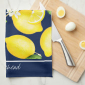 Linge De Cuisine Monogramme citron Motif botanique bleu marine (Quart Plié)