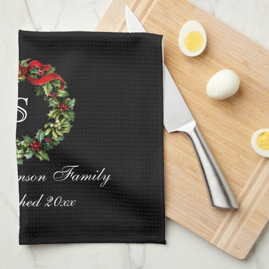Linge De Cuisine Monogramme classique Holly Wreath Custom Christmas (Quart Plié)