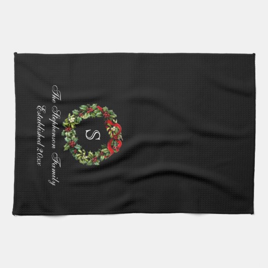 Linge De Cuisine Monogramme classique Holly Wreath Custom Christmas (Horizontal)
