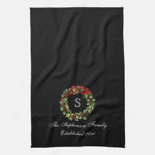 Linge De Cuisine Monogramme classique Holly Wreath Custom Christmas (Vertical)