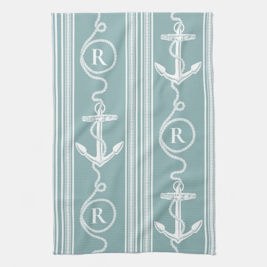 Linge De Cuisine Monogramme corde Ancre nautique Turquoise neutre (Vertical)