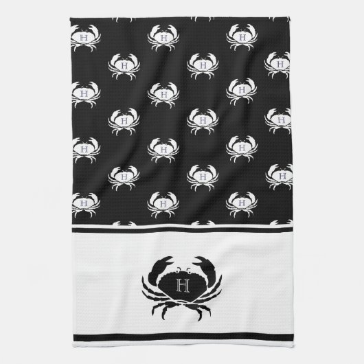 Linge De Cuisine Monogramme Crabe noir et blanc Nautique (Vertical)