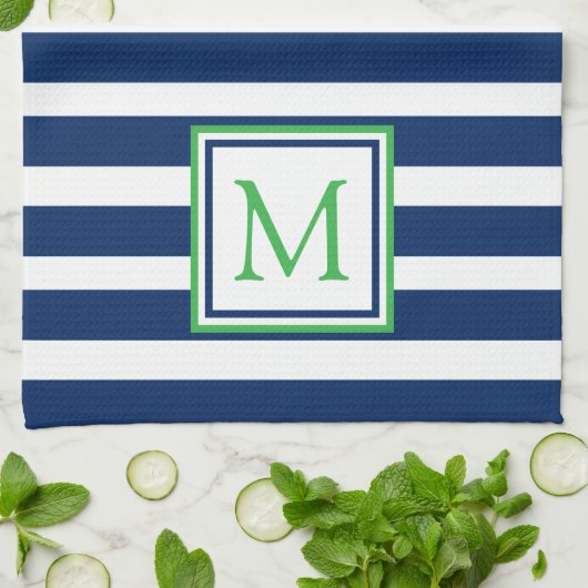 Linge De Cuisine Monogramme de bande bleue et verte de la marine na (Plié)
