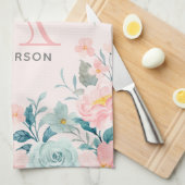 Linge De Cuisine Monogramme de bordure rose et vert (Quart Plié)