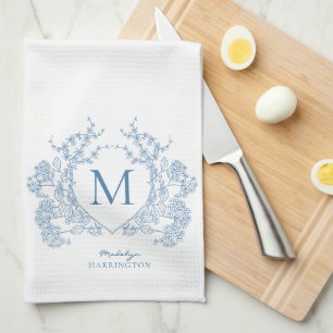 Linge De Cuisine Monogramme de crête Florale Bleu Français Classiqu