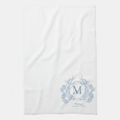 Linge De Cuisine Monogramme de crête Florale Bleu Français Classiqu (Vertical)